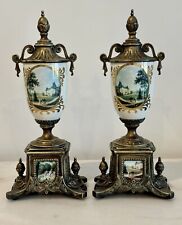 Two Antique Franz Hermle Imperial Brass And Porcelain Mantle Urns. Made In Italy picture