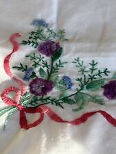 Vintage Hand Stitched Embroidered Pillowcase Set Bucilla USA Pink Purple Ribbon picture