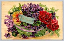 1908 PPC Best Wishes Embossed W/Basket Of Flowers Mint picture