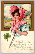 Four Leaf Clover Poem Pretty Lady 1 Leaf For Hope Luck 1911 Embossed Postcard J8 picture