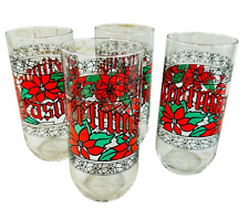 vtg Seasons Greetings Tumbler Glasses stained glass pattern set of 4 Christmas picture