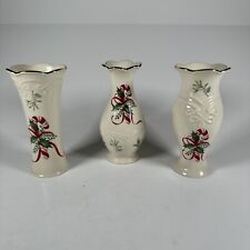 Lenox Christmas Holiday Candy Canes Mistletoe Ivory Gold Trim 5” Vase Lot Of 3 picture
