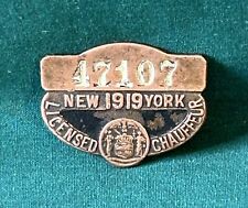1919 New York Licensed Chauffer Badge Pin Louis Mankowitz Nassau St NY Copper picture