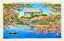 Washington DC LINCOLN MEMORIAL 1940's UNUSED Vintage Linen Postcard Cherry Tree picture