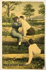 Vintage Early 1900s Postcard. Man Watches Couple Kiss. “When Do I Get Mine” picture