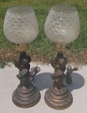 VINTAGE PAIR OF CHERUB MOTIF DECORATOR ACCENT LAMPS WITH PRESSED GLASS SHADES picture