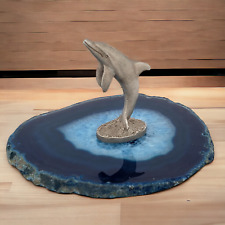 Vtg Pewter Dolphin Figurine On Blue Agate Base Figure picture