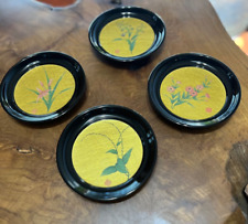 Vintage Japanese Hakuichi Original Gold Leaf Set of 4 Lacquer Ware Floral Plates picture