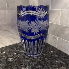 LAUSITZER German Democratic Republic Cobalt Blue Cut To Clear Crystal Vase MINT picture