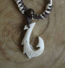 Hawaiian Manu Makau White Bone Fish Hook Necklace W/ Hawaii Koa Wood Bead picture