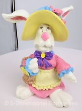 Vintage EASTER BUNNY Resin Figurine Wearing a FLOWERY HAT with FLOWER BASKET picture
