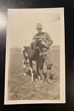 Vintage Photo WWI Soldier with Cow Dairy Farm Doughboy Army Uniform WW1 A8 picture