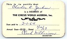 1963 CIRCUS WORLD MUSEUM MEMBERSHIP CARD CHARLES JACKSON Z1679 picture
