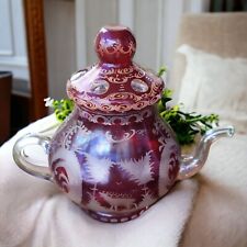 Bohemian 1940's Czech Crysta Glass Ruby Red Cut To Clear Teapot Vintage 10