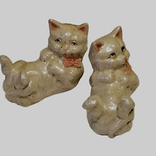 Vintage Pair Lusterware Cat Figurines Porcelain 4 inch Hand Painted Pink Bow picture