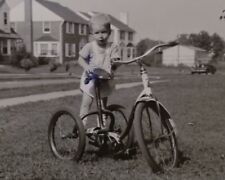 1940's Era B&W Photo Young Boy With Large Tricycle Bike picture
