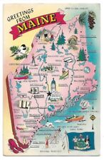 State of Maine Illustrated Map c1950's Pine Cone, Lobster, Chickadee, flag, boat picture