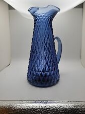Vintage Empoli Pitcher Carafe Vase Blue Diamond Point Italian Art Glass Rare MCM picture