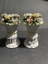 Candle Holders Floral Ribbon Details  Vintage Pair Unique picture