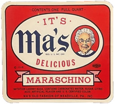 Antique Vintage 1940s - 1950s Ma's Maraschino Label, Meadville, PA picture