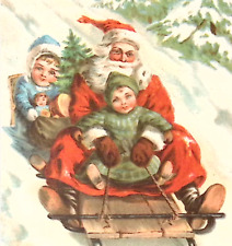 Brown Mitten Santa Rides Wood Toboggan with Children POLAND Christmas Postcard picture