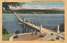Seattle WA, Lake Washington Floating Bridge, Old Cars, Vintage Postcard picture
