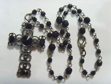 vintg Black bejeweled Christian cross cut crystal beads religious necklace 52872 picture