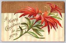 Postcard Christmas Greetings Poinsettia Gold Antique Embossed 1909 picture