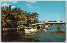Beautiful Canal Boats & Bridge Fort Lauderdale Florida FL c1950s Vtg Postcard C8 picture