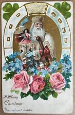Antique Christmas Old World Santa White Robe Blue Gloves Vintage Postcard c1900 picture