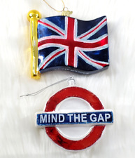 Kurt Adler Noble Gems United Kingdom Flag Mind the Gap Glass Ornament Lot picture