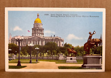 State Capitol Denver CO Broncho Buster & Indian Warrior Monuments Linen Postcard picture