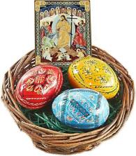 Assorted Painted Wood Easter Pysanky Eggs Mini Resurrection Icon in Basket 3 In picture