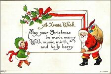 C.1910s Christmas. Santa & Adorable Girl. Toy Sack. Holly. Poetry. VTG Postcard picture