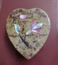 Vintage Stone Heart Trinket Box  Mother of Pearl Abalone Flower Inlay 3x3x1 picture