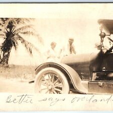 c1910s Overland Touring Car RPPC Man Lady Real Photo Postcard Palm Tree Vtg A126 picture