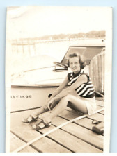 Vintage Photo 1947 Laguna Beach, Woman posed next to boat on docks ,3.5x2.5 picture