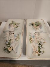 Pair Lovely vintage Ceramic￼Three-dimensional cherubs floral hanging plaques￼ picture