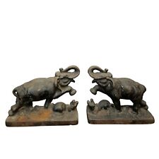 Antique Pair Cast Iron Bronze Fighting Elephant Statues Bookends picture