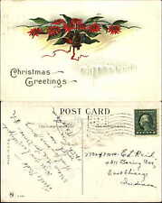 Christmas Greetings poinsettia bells snow 1914 to EL REID East Chicago Indiana picture