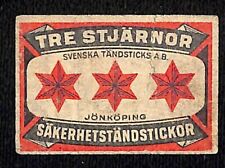 Vintage Matchbox Label Tre Stjarnor Sakerhet Stand Stickor c1950's-60's Scarce picture