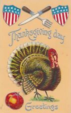 THANKSGIVING - Turkey and Flag Shields Patriotic Postcard - 1910 picture