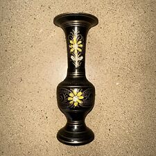 Antique Indian Black Enamel Vase White Mountain Flowers Engraved Pattern Brass picture