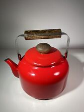 Vintage Red Enamel Metal Kettle Tea Pot Teapot with Wood Stainless Handle 6x6 in picture