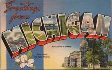 c1940s MICHIGAN Large Letter Postcard State Capitol & Flower / Tichnor Linen picture
