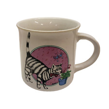 Vintage 1985 Cat Coffee Mug Stripe Cat Pink Bowtie Smells Flower Chadwick Miller picture