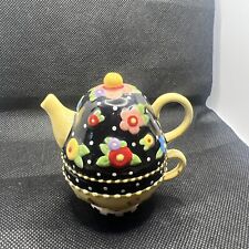 Mary Engelbreit Teapot & Tea Cup Black Floral Design Vintage picture