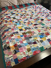 Handmade Feed Sack Quilt Crazy Scrappy Double Xmas Red Wool Back Reversible FLAW picture