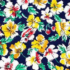 Vtg Cotton Fabric Flowers Floral Yellow Red Blue BTY Dressmaking 1 Yard 1980s picture