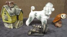 Lot of 4 TINY Porcelain/Ceramic/Metal Figurines Dog Owl Cottage Sewing Machine picture